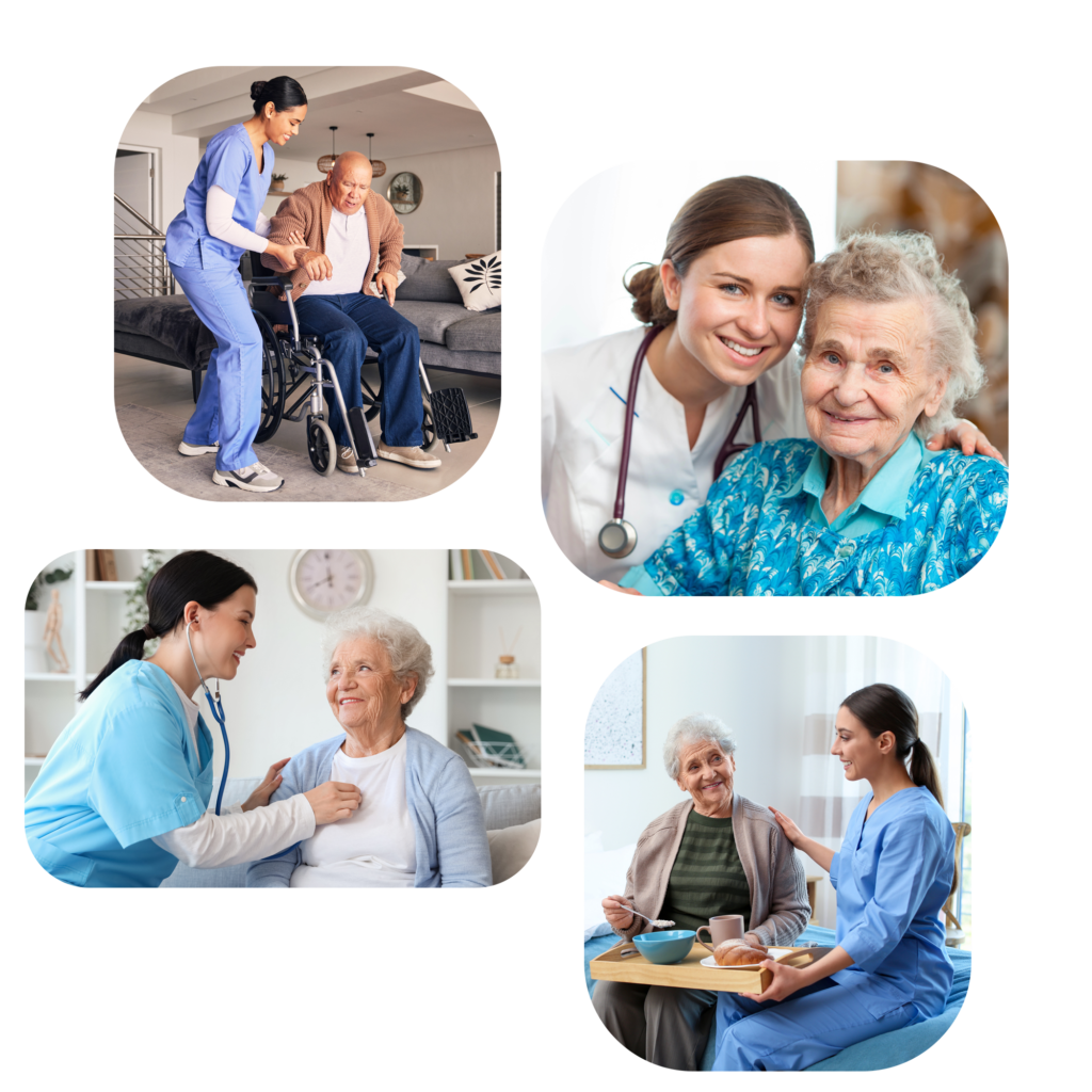 A collage of four images showing caregivers providing compassionate care to seniors in a variety of settings, including helping with mobility, providing medical care, and offering companionship.